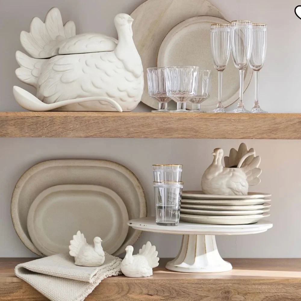 POTTERY BARN Thanksgiving Rustic Turkey Tureen w/ Ladle White & Beige NEW IN BOX